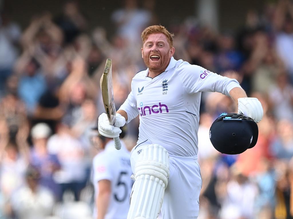 England batsman Jonny Bairstow celebrates his century during day five of the Second Test Match between England and New Zealand. Picture: Stu Forster/Getty Images