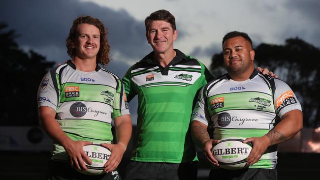 Palm Beach Currumbin coach Anthony Dwyer (middle) with recruits Ryan Biscoe and Jamie Laga. Picture: Glenn Hampson