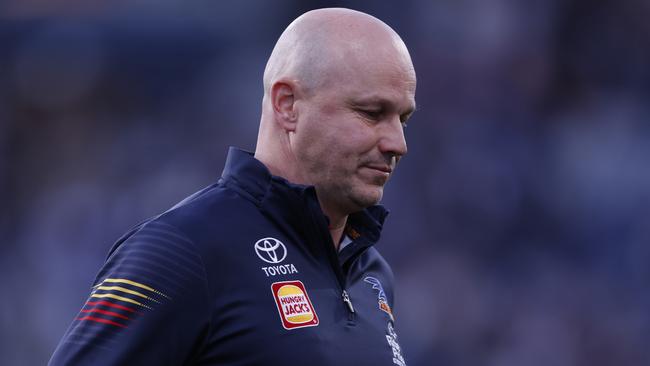 GEELONG, AUSTRALIA - AUGUST 03: Matthew Nicks, Senior Coach of the Crows is seen during the round 21 AFL match between Geelong Cats and Adelaide Crows at GMHBA Stadium, on August 03, 2024, in Geelong, Australia. (Photo by Darrian Traynor/Getty Images)