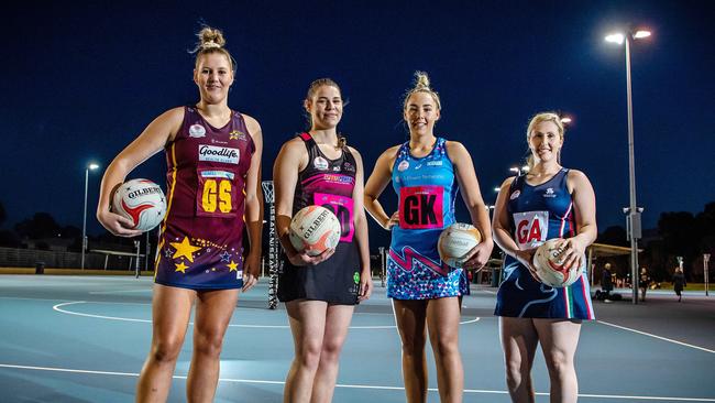 Netball SA’s Premier League players (L-R) Lucy Austin (Matrics), Sarah Raper (Tango), Molly Watson (Contax) and Megan Wooldridge (South Adelaide) ahead of the 2021 season start. Picture: Tom Huntley