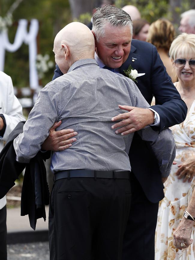 Ray Hadley hugs Bob Fulton at his wedding. Picture: Sam Ruttyn