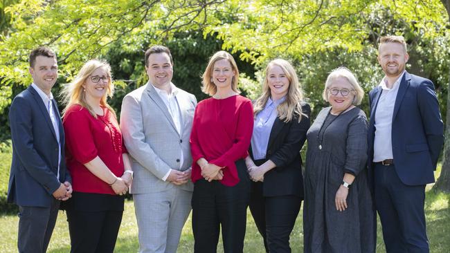 Tasmanian Labor leader Rebecca White with candidates (L-R) Kasper Deane (Franklin), Rebecca Prince (Clark), Ben Dudman (Lyons), Meg brown (Franklin), Susan Wallace (Clark) and Stuart Benson (Clark) at St Andrews Park, Hobart. Picture: Chris Kidd