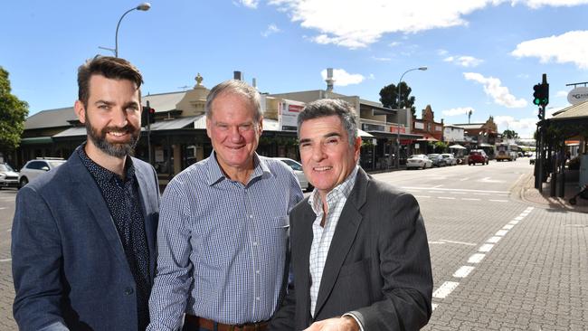 Ben Willsmore (Manager of Urban planning, design and transport), then Mayor Peter Hughes and John Devine (GM, City Development) on King William Road, Hyde Park, in April 2018 when the project budget was $6m. (AAP/ Keryn Stevens)