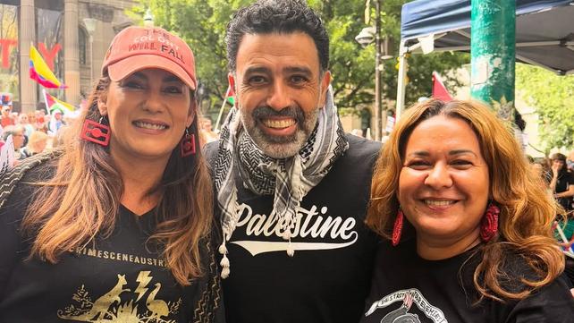 Independent senator Lidia Thorpe, Australia Palestine Advocacy Network president Nasser Mashni, and QUT professor Chelsea Watego at a pro-Palestine protest earlier this month. Picture: Instagram