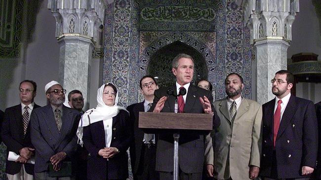 Then US president George W Bush with Muslim leaders during a visit to the Islamic Centre of Washington to oppose anti-Muslim sentiment soon after 9/11.