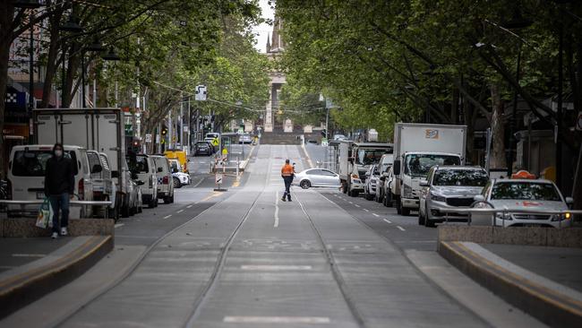 Melbourne’s near-empty CBD is seen during one of the city’s lockdowns. Picture: Jake Nowakowski