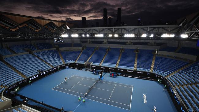 An empty Margaret Court Arena during the Men's Singles fourth round match between Alexander Zverev of Germany and Dusan Lajovic of Serbia on Sunday. Picture: Getty Images