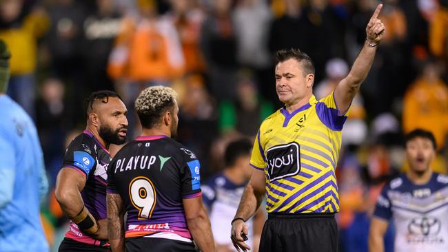 SYDNEY, AUSTRALIA - AUGUST 01: Justin Olam of the Tigers is sent off by Referee Chris Butler during the round 22 NRL match between Wests Tigers and North Queensland Cowboys at Leichhardt Oval, on August 01, 2024, in Sydney, Australia. (Photo by James Gourley/Getty Images)