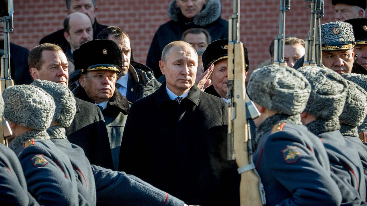 Then Russian Prime Minister Dmitry Medvedev, Russian President Vladimir Putin and Defence Minister Sergey Shoygu on February 23 2018. Picture: Yuri Kadobnov/AFP