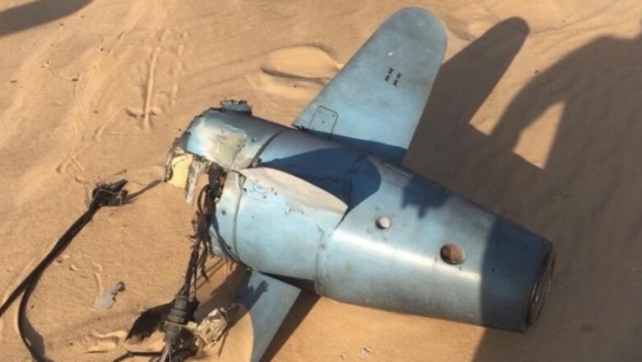 One of the pictures circulating on Saudi Arabian social media purporting to show the components of a crashed cruise missile found in the desert shortly after the weekend attacks.