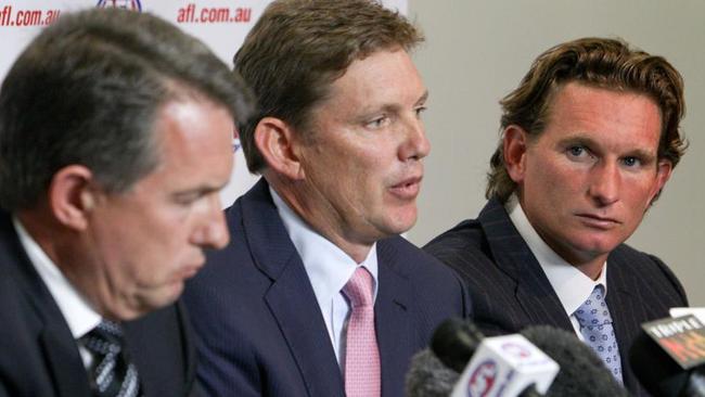 Essendon’s Ian Robson, David Evans and James Hird face the media on February 5, 2013.