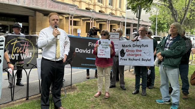 Richard Boyle speaks to supporters after his trial date is set. Picture: Izzy McMillan