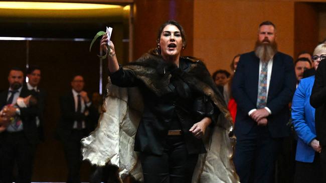 CANBERRA, AUSTRALIA - NewsWire Photos - 21 OCTOBER, 2024:  Australian Senator Lidia Thorpe disrupts proceedings as Britain's King Charles III and Queen Camilla attend a Parliamentary reception at Parliament House in Canberra on October 21, 2024. Picture: NewsWire / POOL / Lukas Coch