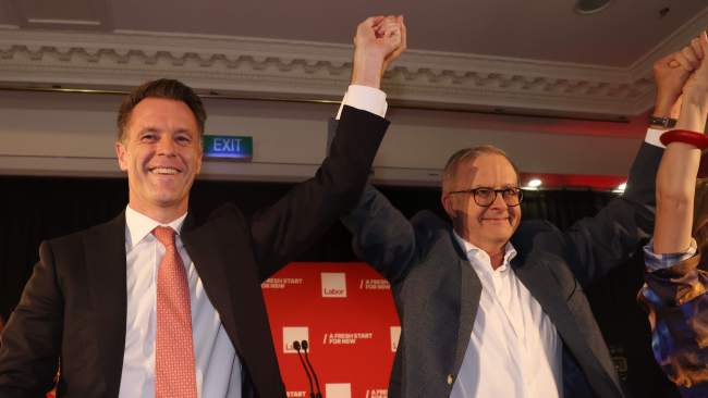 Prime Minister Anthony Albanese celebrates Chris Minns after the NSW election. Picture: NCA NewsWire / David Swift