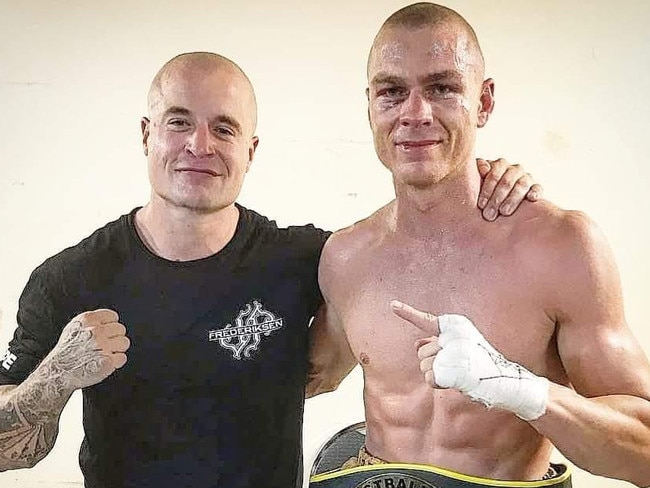 Josh Frederiksen (right) with his trainer and mentor, Nick Midgley, after winning the ANBF super middleweight boxing title. Picture: Supplied.