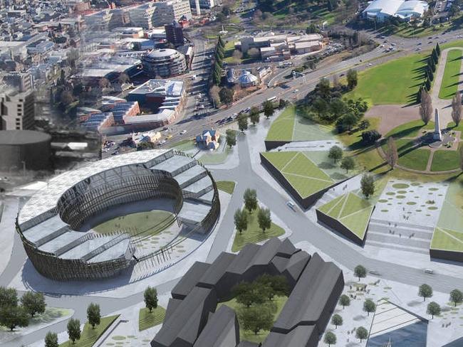 The 2014 Macquarie Point masterplan, featuring an AFL stadium, by The Office for Collective Design.