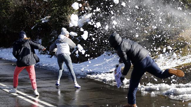 Snow fall in Hobart. mount wellington . picture of people at the top of Strickland ave