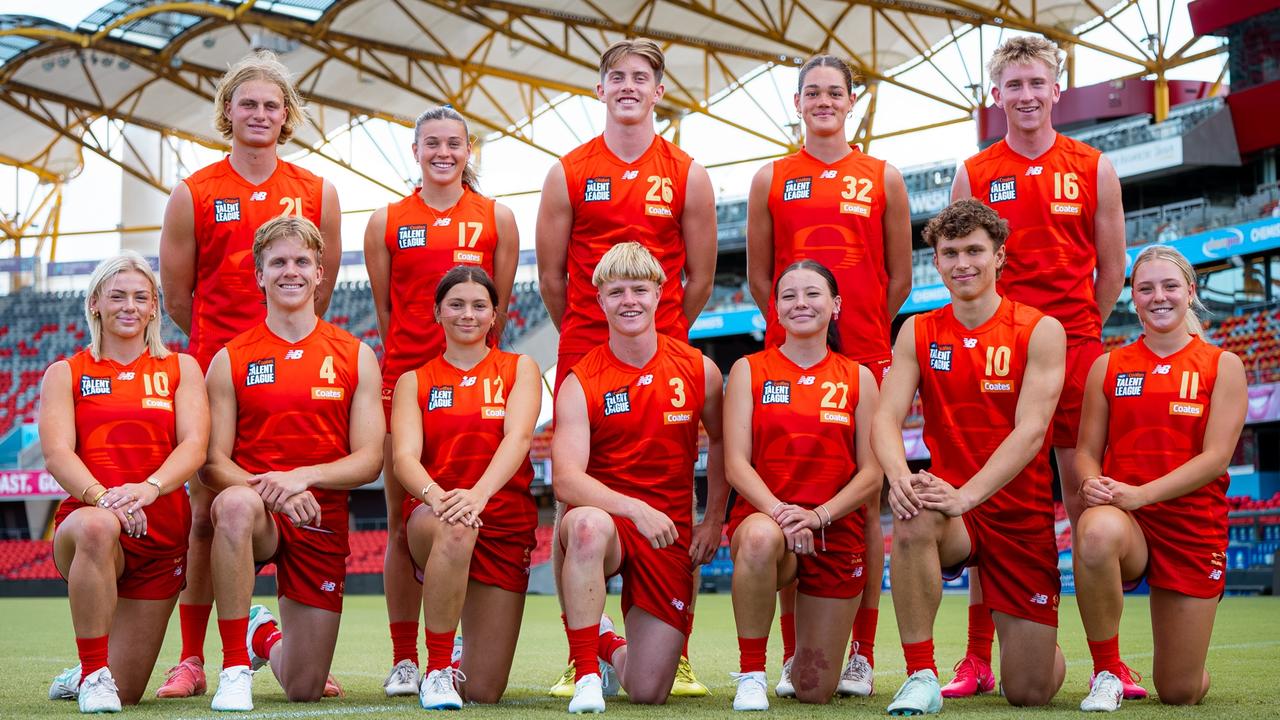 Gold Coast Suns 2025 under-18 leadership group Jai Murray, Max Hudson, Beau Addinsall, Matthew Hoy, Cooper Collins, and Zeke Uwland (men) and Annabelle Foat, Ava Usher, Bronte Parker, Aasha Elliott, Sienna Burnham and Georja Davies (women). Picture: Gold Coast Suns