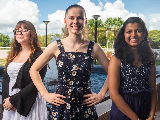 Top student for 2020 Laura Chapman (centre) from Darwin High School with top Indigenous student Georgia Kyranis (left) and Nuhansi Wijesinghe (right) who were among the top 20 students from the NT. Picture: Che Chorley