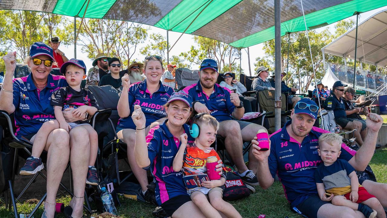 Tammy Hollobone, Mason Flack, Kirsten kingsford, Shaylee Hollobone, Elliot Flack, Luke Kingsford, Matt Flack and Jackson Kingsford at the 2023 Darwin Supercars. Picture: Pema Tamang Pakhrin