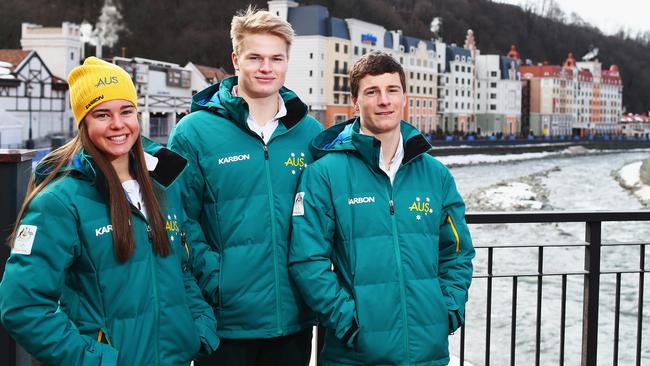 Australian mogul skiers Britt Cox, Brodie Summers and Matt Graham at Rosa Khutor Mountain Village Cluster in Sochi, Russia.