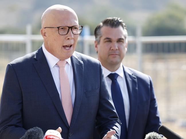 NCA 2025 FEDERAL ELECTION LIBERAL BUS. 15/04/2025Pictured at Maddingleyin the Hawke Electorate of Melbourne in Victoria is Hawke candidate Simone Cottom, Opposition Leader Peter Dutton and Shadow Housing Minister Michael Sukkar as they address the media during a visit to a new homes construction site.Picture: Richard Dobson / Newswire