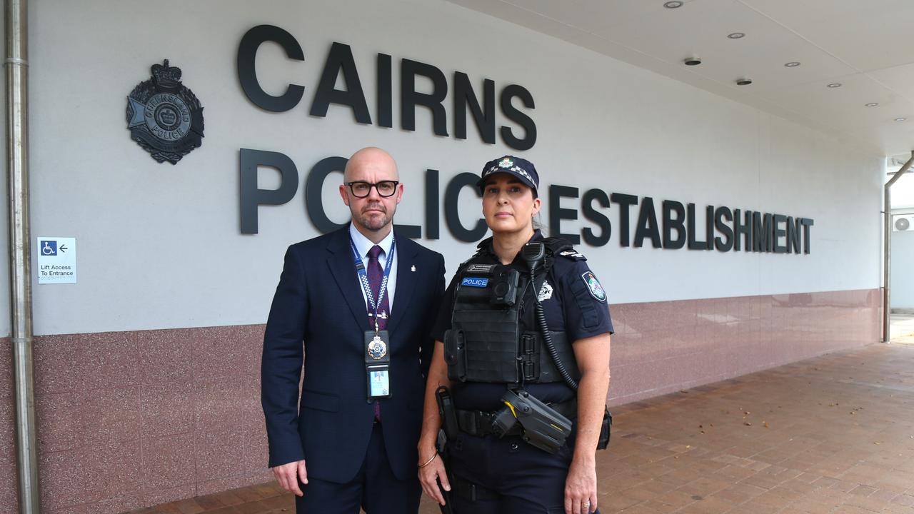 Queensland Police Union president Shane Prior with Far North region executive union member and senior sergeant Rebecca Prior outside the Cairns Police Establishment on Sheridan St. Picture: Peter Carruthers