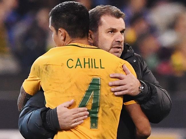 MELBOURNE, AUSTRALIA - JUNE 13:  Tim Cahill of the Socceroos is hugged by Socceroos head coach Ange Postecoglou after coming off during the Brasil Global Tour match between Australian Socceroos and Brazil at Melbourne Cricket Ground on June 13, 2017 in Melbourne, Australia.  (Photo by Michael Dodge/Getty Images for ICC)