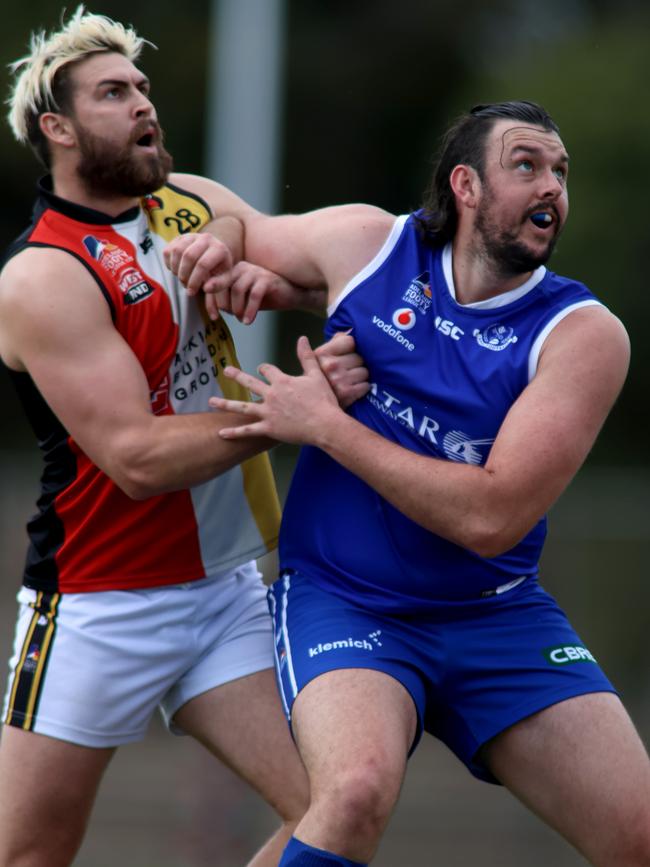 Action from the Adelaide Footy League division one semi-final between St Peter's Old Collegians and Goodwood Saints. Picture: Kelly Barnes