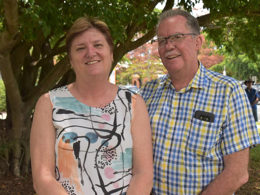 Sue and Myles Plumb remembering their fathers and grandfathers at the 2021 Remembrance Day Ceremony in Jubilee Park. Picture: Lillian Watkins