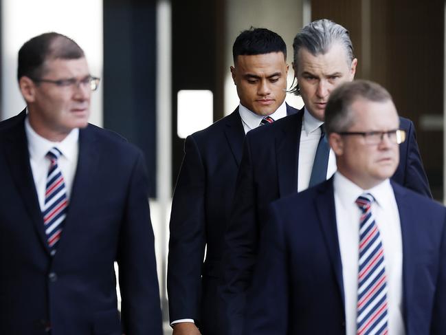 Spencer Leniu arrives at the NRL Judiciary hearing. Picture: Jonathan Ng