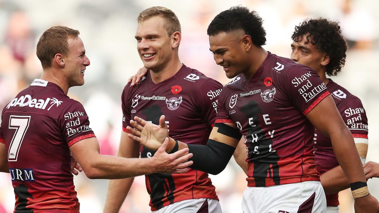 Daly Cherry-Evans and Haumole Olakau'ata celebrate a try to Tom Trbojevic. Picture: Matt King/Getty Images'ata celebrate a try to Tom Trbojevic. Picture: Matt King/Getty Images