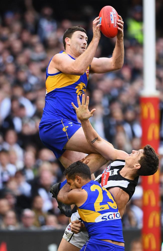 Jeremy McGovern of the Eagles marks during the 2018 AFL grand final. Picture: Getty Images