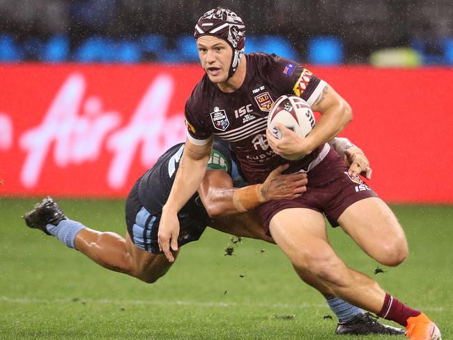 Queensland’s Kalyn Ponga is rounded up by the NSW defence in last year’s Origin match in Perth. Picture: Mark Kolbe/Getty Images