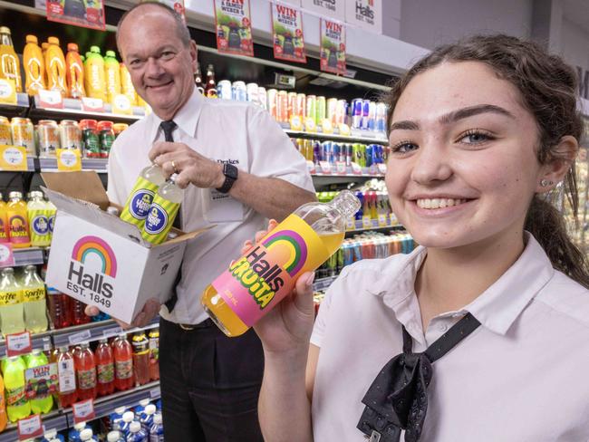 7,December, 2023: Fulham Gardens Drakes manager Wayne Mitchell with staff member Emma Tippins (16) trying the Halls drinks have finally landed on the shelves at Drakes.   Picture: Kelly Barnes