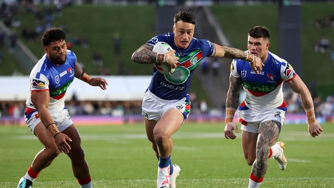 Charnze Nicoll-Klokstad opened the scoring for the Warriors, after a stunning cut out pass from Shaun Johnson. Picture: Getty Images