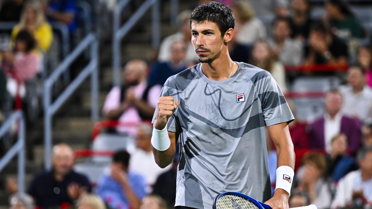 MONTREAL, CANADA - AUGUST 12: Alexei Popyrin of Australia celebrates as he pumps his fist during the Men's Singles Final match against Andrey Rublev on day seven of the ATP Masters 1000 National Bank Open at Stade IGA on August 12, 2024 in Montreal, Canada. (Photo by Minas Panagiotakis/Getty Images)