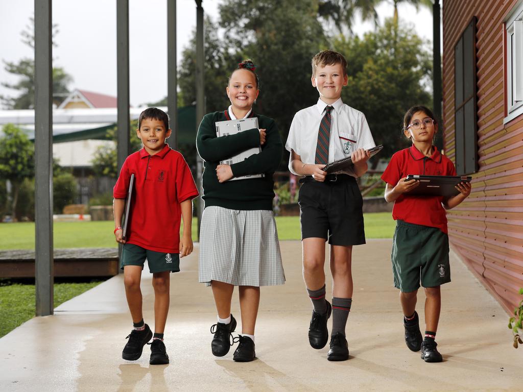 Max Blakey, Year 3, Evie Miller, Year 5, Cameron Fletcher, Year 5, and Ariana Davari, Year 3 from St. Paul’s School, Brisbane gearing up for their NAPLAN debuts. Picture: Josh Woning