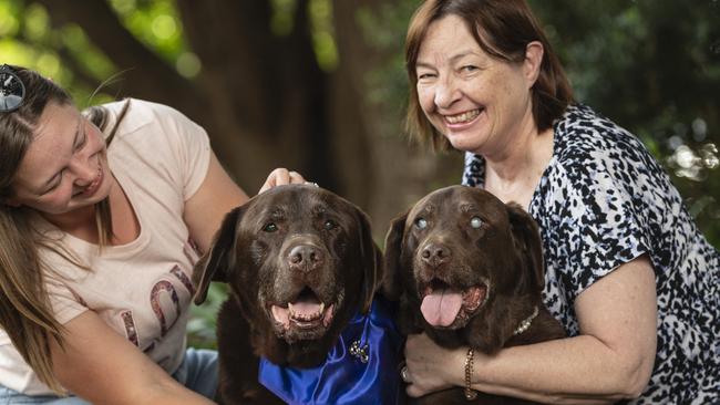 Tamara Strong (left) with Boof and Judy Lee with Connie at the Blessing of the Pets at All Saints Anglican Church, Saturday, October 12, 2024. Picture: Kevin Farmer