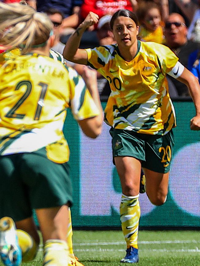 Matilda Sam Kerr celebrates scoring a goal during the friendly against Chile at Bankwest Stadium in Sydney on Saturday. Picture: AAP/David Gray