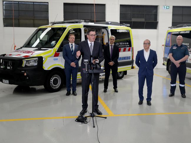 Victorian Premier Daniel Andrews and James Merlino, Minister for Mental Health, at North Melbourne Ambulance station. Picture: Andrew Henshaw