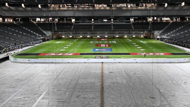 The giant tray wheels into Allegiant Stadium in Las Vegas.