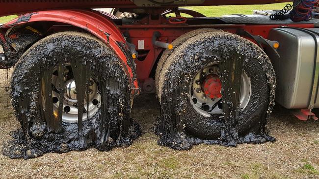 A truck driver was forced to abandon his vehicle outside the Jaggan Hall after the tyres were gummed up with tar driving along Millaa Millaa Road.