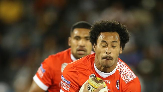 Felise Kaufusi of Tonga is tackled during the Pacific Test match between the Tonga Mate Ma'a and the Fiji Bati at Campbelltown Stadium in Sydney, Saturday, May 6, 2017. (AAP Image/Craig Golding) NO ARCHIVING, EDITORIAL USE ONLY