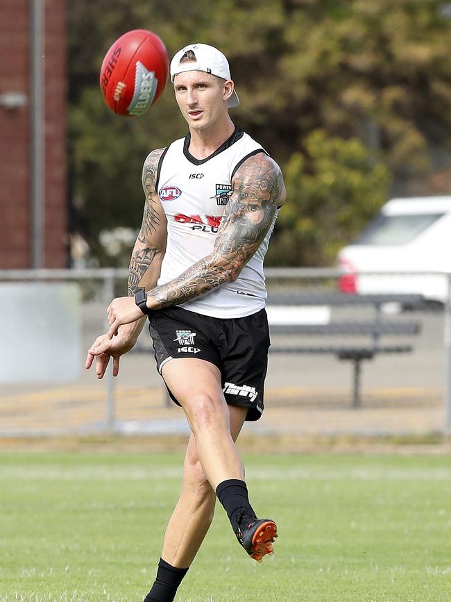 Hartlett gets his hands on the footy during his first full team training session in February. Picture Sarah Reed