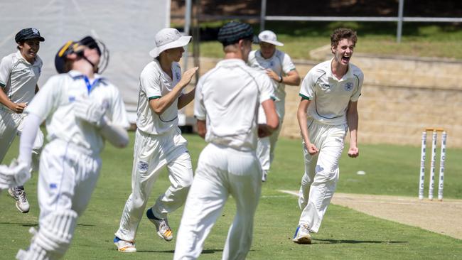 Bowler Tom Bunzi celebrates run out. (AAP Image/Richard Walker)