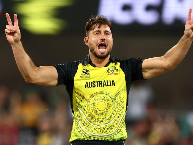 BRISBANE, AUSTRALIA - OCTOBER 31: Marcus Stoinis of Australia celebrates the wicket of Gareth Delany of Ireland for 14 runs during the ICC Men's T20 World Cup match between Australia and Ireland at The Gabba on October 31, 2022 in Brisbane, Australia. (Photo by Chris Hyde-ICC/ICC via Getty Images)