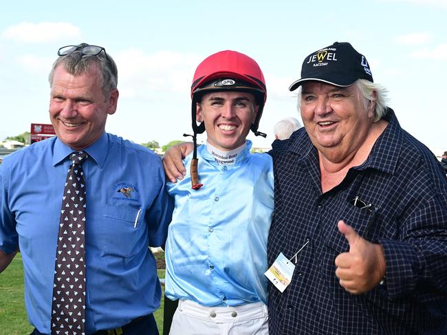 (left to right) Mishani Royale's trainer Les Ross, jockey Ben Thompson and owner Mike Crooks. Picture: Grant Peters/Trackside Photography