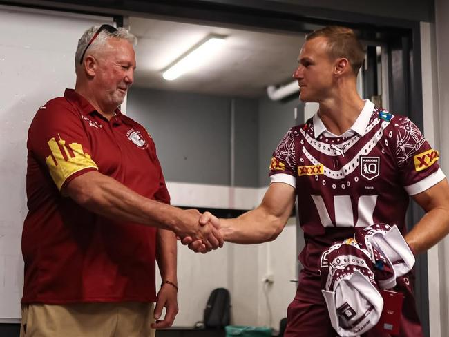Maroons captain Daly Cherry- Evans talking to Brad Beeston. Picture: Instagram/@qldmaroons