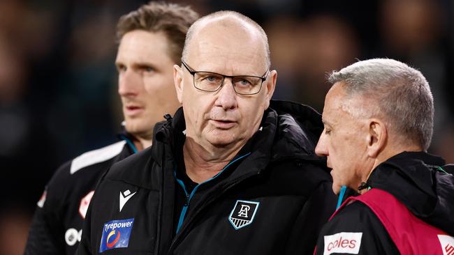 ADELAIDE, AUSTRALIA - SEPTEMBER 13: Ken Hinkley, Senior Coach of the Power looks on during the 2024 AFL Second Semi Final match between the Port Adelaide Power and the Hawthorn Hawks at Adelaide Oval on September 13, 2024 in Adelaide, Australia. (Photo by Michael Willson/AFL Photos via Getty Images)